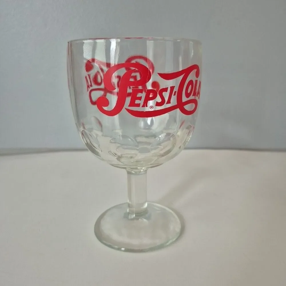 Pepsi Cola VTG Thick Clear Thumbprint Goblet Red Script Logo Pedestal Glass 16OZ